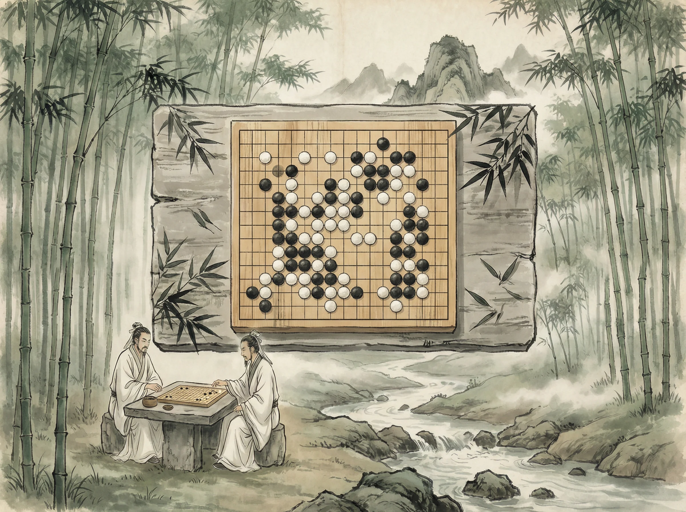 竹林悟道局 pgmajiang 棋盘布局，黑白子对峙